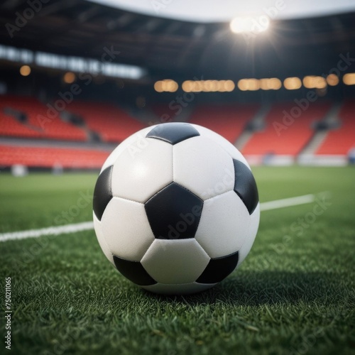 Soccer ball rests on grass of green field in front of majestic lit up, creating exciting atmosphere stadium. Scene captures essence of game, ready for action, excitement. Advertising, banner, print.