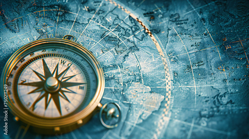 Antique compass and map, emblems of navigation and adventure, on a background of vintage paper