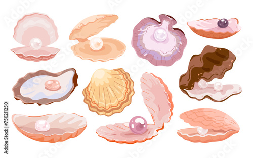 Open shell with pearl set. Underwater ocean or sea shiny treasure collection, top and side view of seashell with expensive ball of mother of pearl and glow light effect cartoon vector illustration © Natalia