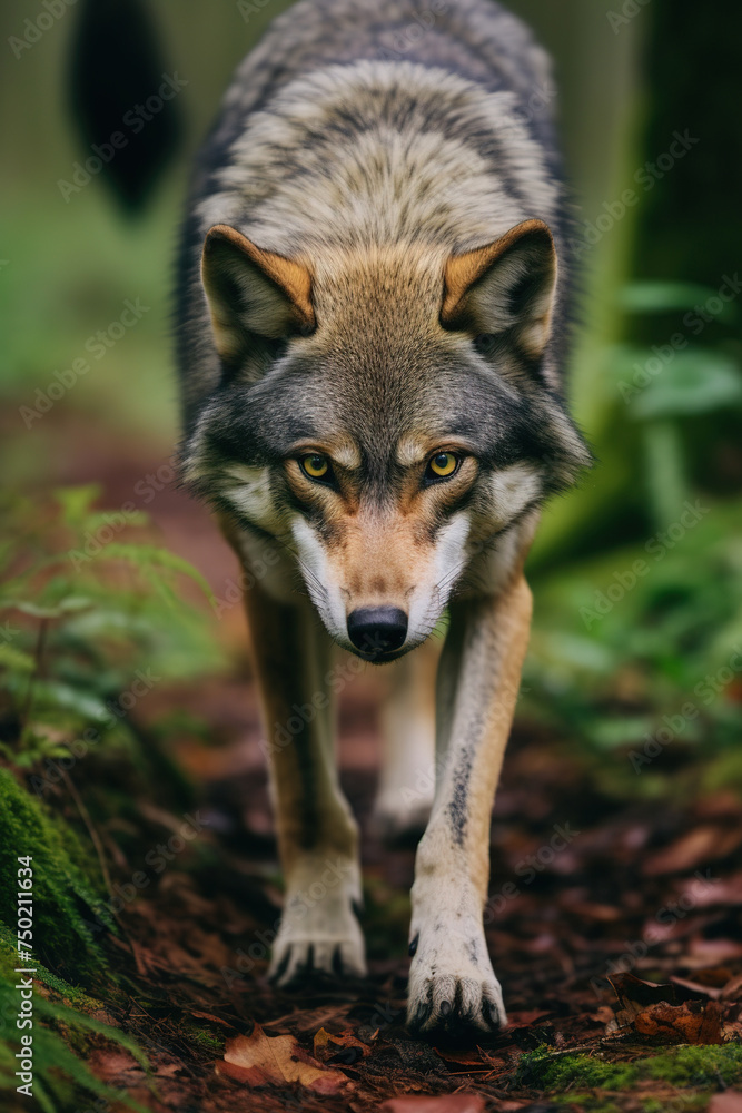 Grey wolf alert approaching on forest trail in autumn