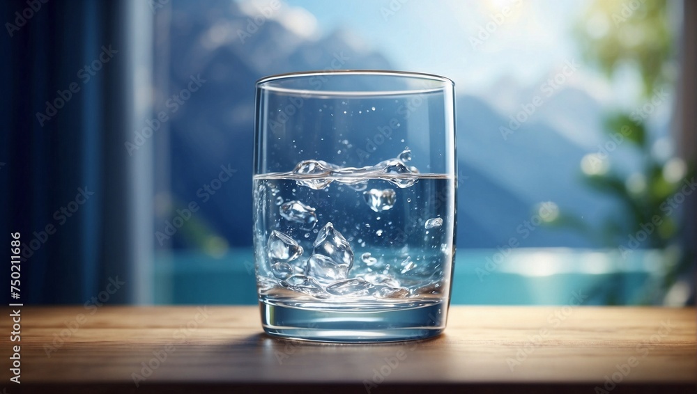 Glass of water with mountains in the background. Nature and health concept. Copy space. Glass of water with mountains in the background. Nature and health concept. Copy space.
