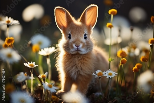 Cute red rabbit in vibrant green grass surrounded by stunning spring chamomile flowers