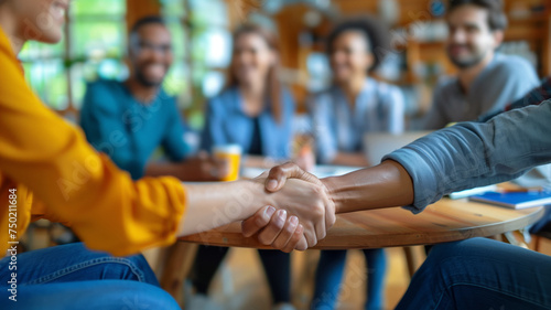A person welcomes his new partner with a handshake in a group therapy session to improve his anxiety and depression problems photo