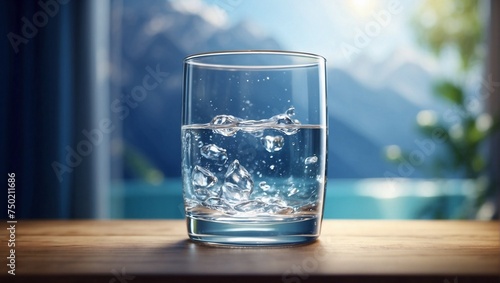 Glass of water with mountains in the background. Nature and health concept. Copy space.