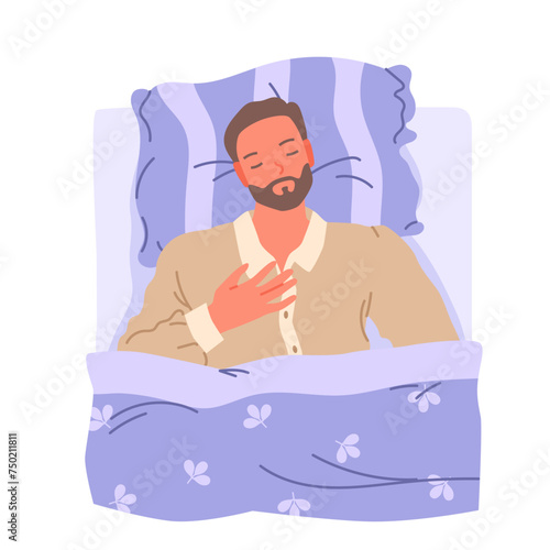 Young guy lying on pillow under blanket in cute comfortable pose with hands up to sleep through nap time at home cartoon vector illustration. Man sleeping in cozy bed at night, bedroom top view