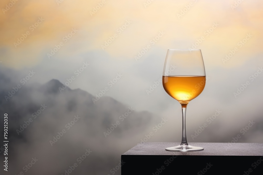 A tranquil glass of amber wine perched high above the clouds, with a mountainous mist background enveloping the scene in mystery. Wine Glass Amidst Mountain Mist
