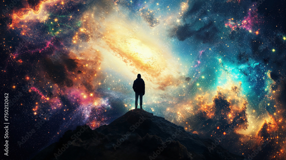 Silhouette of a man standing on a mountain viewing an abstract colorful starry sky Silhouette of a man standing on a mountain viewing an abstract colorful starry sky
