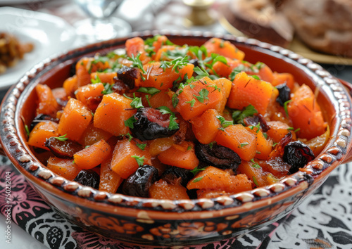 Tzimmes in a decorative ceramic bowl, a vibrant mix of carrots and prunes garnished with parsley. Close-up showing the textures and colors of this traditional Jewish dish. Perfect for culinary blogs,  photo