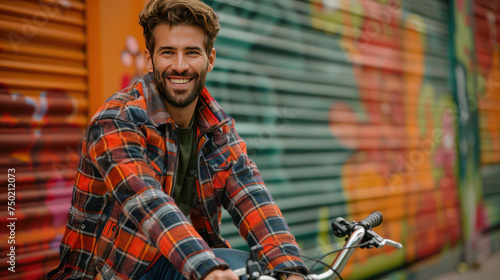 Illustration of a smiling attractive young man on a bicycle in the street of an urban environment with various inscriptions and graffiti on the backgrounds behind him © Ivana