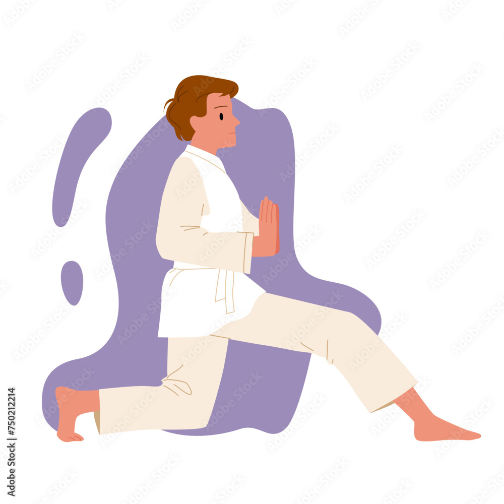 Boy training in martial arts. Male character in white kimono standing in action pose at workout session, activity and exercises of fighter to practice patience and strength cartoon vector illustration Boy training in martial arts. Male character in white kimono standing in action pose at workout session, activity and exercises of fighter to practice patience and strength cartoon vector illustration