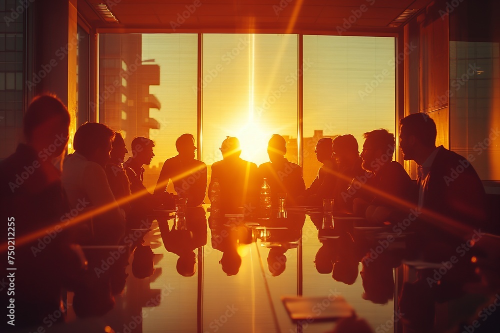Fototapeta premium Group of colleagues celebrate success in a meeting room with a lens flare, showing support and diverse teamwork through applause