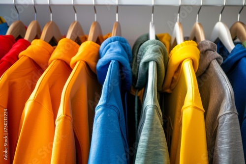 Colorful hoodies and sweatshirts hanging on hangers in wardrobe. Vibrant pullovers collection in closet. Clothing storage and organization concept. Autumn fashion, back to school, casual style ideas. photo