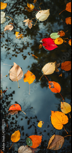 An abstract composition of colorful autumn leaves floating on a reflective water surface of a pond. Neural network generated image. Not based on any actual scene or pattern.