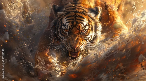 Color artwork depicting a ferocious tiger wielding its claws, leaving behind traces of its swift movement. The tiger's gaze is intense and awe-inspiring, capturing nature of this majestic creature. photo