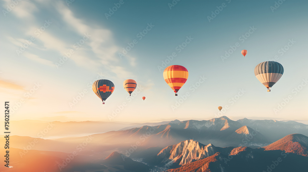 Obraz premium wide foggy mountain range landscape with colorful hot air balloons flying in the sky 