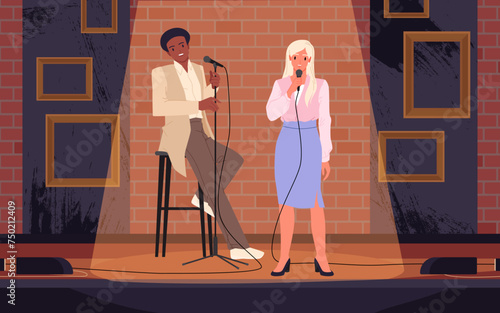 Two talent artists standing on theater stage in spotlight with brick wall, people holding microphones for jokes contest cartoon vector illustration © Natalia
