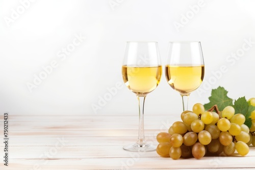 Two glasses of crisp white wine paired with a bunch of fresh, juicy grapes on a clean wooden table, capturing the essence of a light and refreshing moment. Crisp White Wine and Fresh Grapes