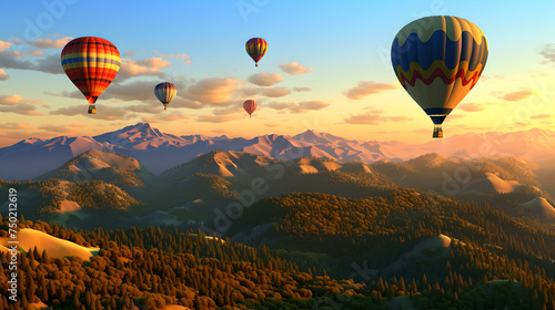Colorful hot air balloons floating over wide mountain range 
