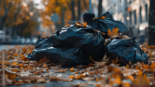 pile of black plastic garbage bags on the street during fall with blurred background