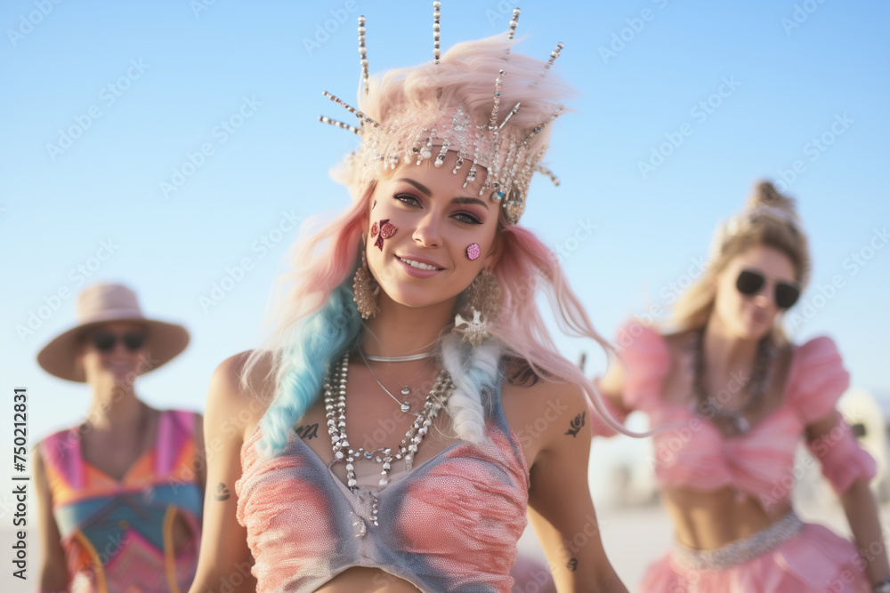 smiling girl in costume at a summer festival in desert with friends, happy, cheerful, wearing fancy outfit hats glitter dust jewels fashion beauty bare shoulders fun party flamboyant colorful carnival - obrazy, fototapety, plakaty 