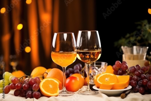 Cozy evening setting with wine glasses, diverse fruits, and grapes, creating a warm, intimate atmosphere. Intimate Wine and Fruit Evening Gathering