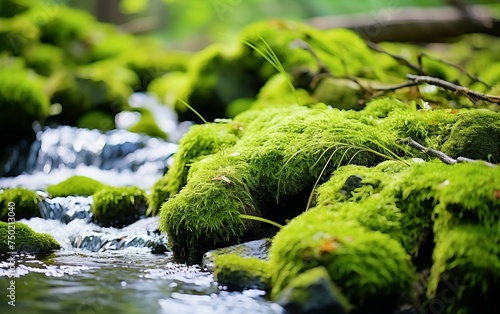 Picturesque Scene of Green Moss on Rocks by a Babbling Creek Isolated on White Background.