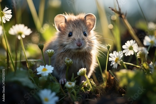 Grey little wild hamster in green grass with spring daisies flowersgrass with spring flowers