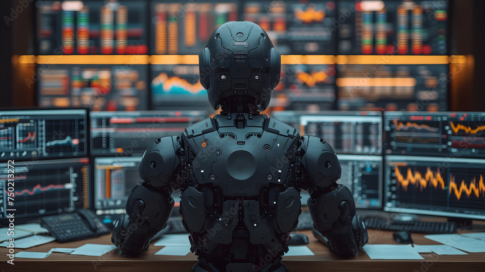 Back view of a financial analyst day trader robot working on computer with many screens that shows real-time stock data. Neural network generated image. Not based on any actual scene or pattern. Back view of a financial analyst day trader robot working on computer with many screens that shows real-time stock data. Neural network generated image. Not based on any actual scene or pattern.