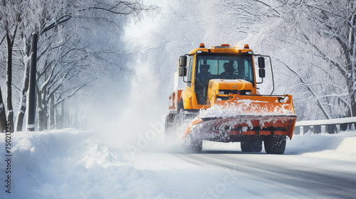 yellow snowplow, tractor, bulldozer, winter, road, snow, work transport, cleaning, city, snowdrifts, blizzard, cold, bucket, wheels, sweep, rake, machinery, trees, equipment