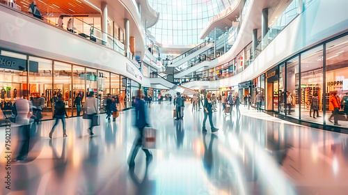 Abstract shopping mall interior, blurred motion of customers, retail and consumerism concept, modern lifestyle photo