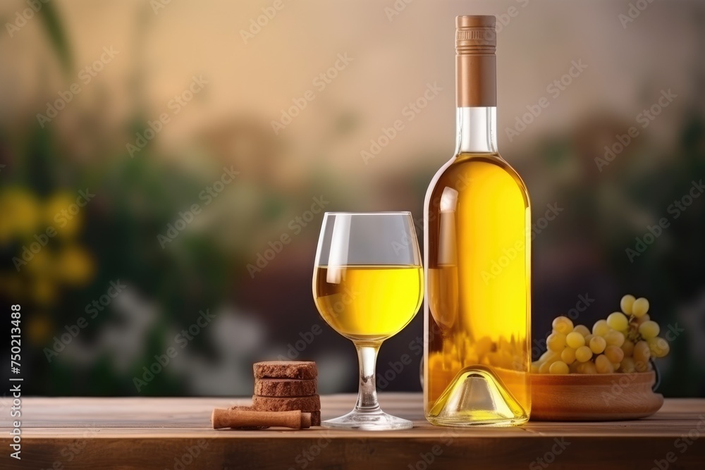 An inviting glass of golden white wine beside a bottle and a bunch of grapes on a rustic wooden table with a blurred natural background. Golden White Wine with Grapes on Wooden Table