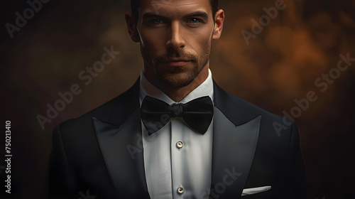 Rich man in suit with bow tie against dark background photo