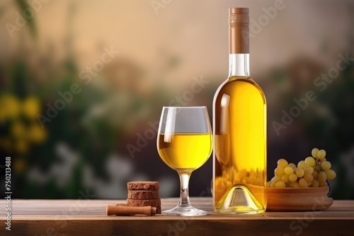 An inviting glass of golden white wine beside a bottle and a bunch of grapes on a rustic wooden table with a blurred natural background. Golden White Wine with Grapes on Wooden Table