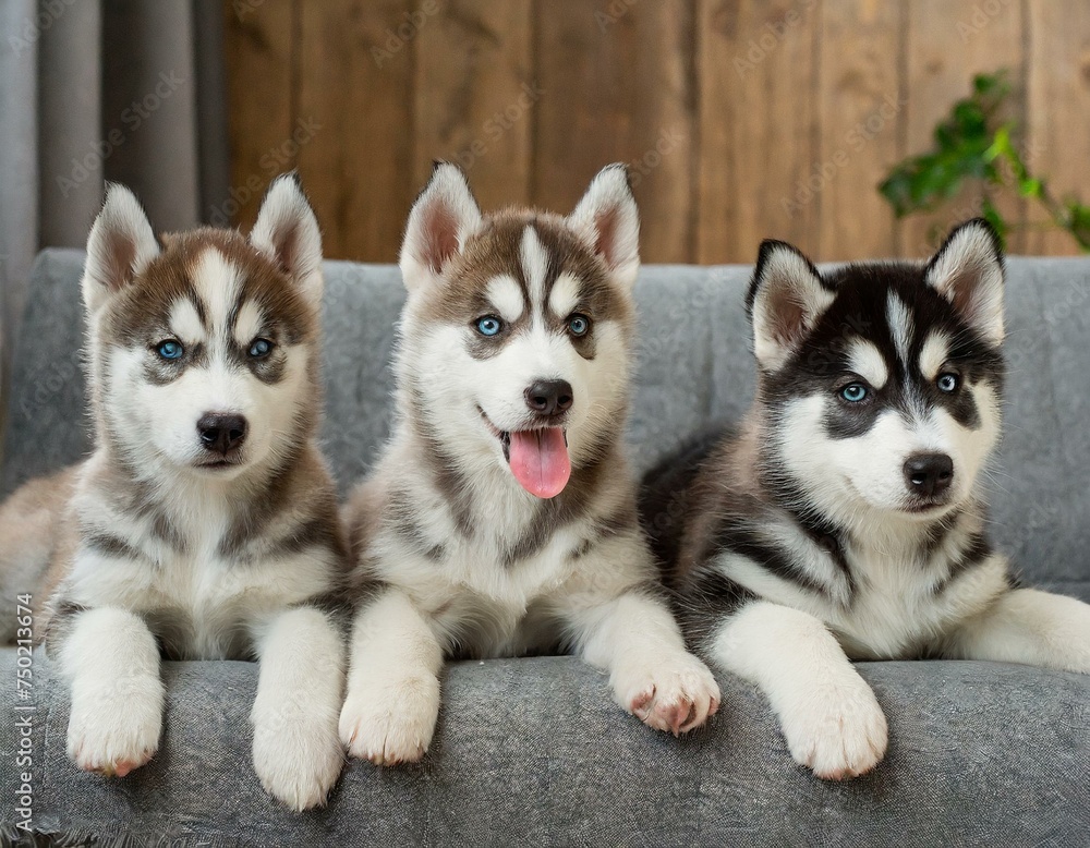 Different colored puppies golden retriever, dachshund, husky , sitting beside each other on row on the couch at home 