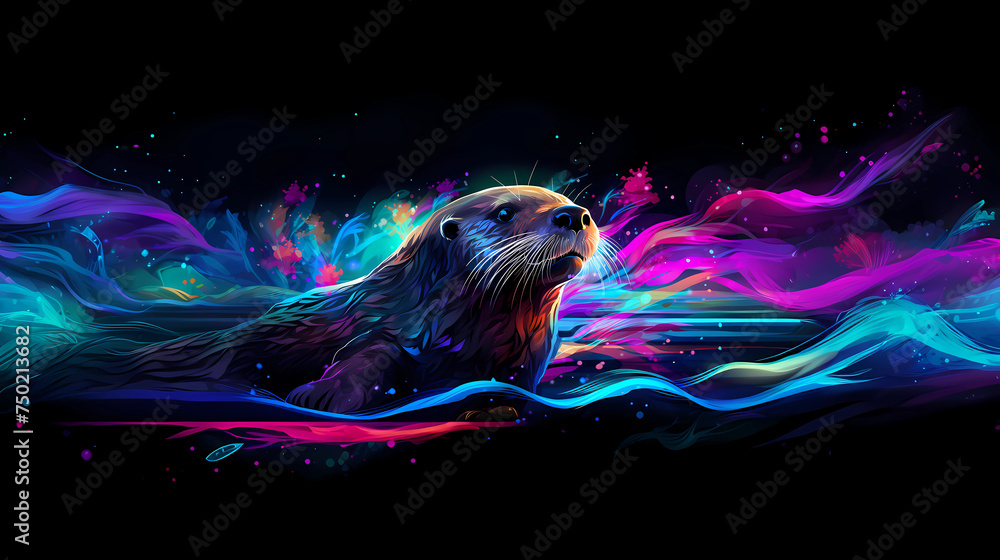 Sea Otter Animal Plexus Neon Black Background Digital Desktop Wallpaper ...