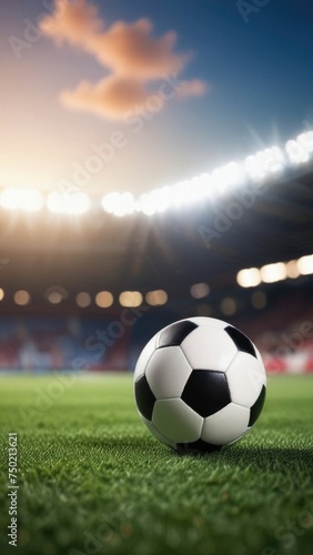 Soccer ball rests on grass of green field in front of majestic lit up, creating exciting atmosphere stadium. Scene captures essence of game, ready for action, excitement. Advertising, banner, print.