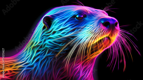 Sea Otter Animal Plexus Neon Black Background Digital Desktop Wallpaper HD 4k Network Light Glowing Laser Motion Bright Abstract