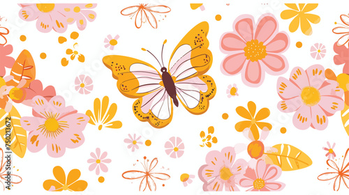 Groovy butterfly daisy flower. Hippie 60s 70s seamle