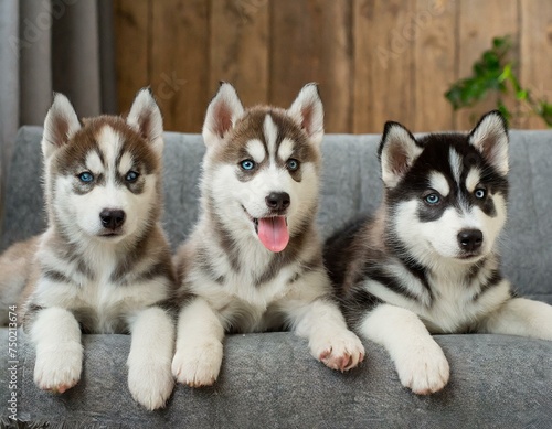 Different colored puppies golden retriever  dachshund  husky   sitting beside each other on row on the couch at home 