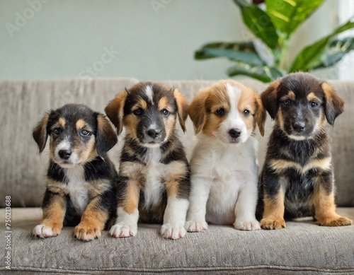 Different colored puppies golden retriever, dachshund, husky , sitting beside each other on row on the couch at home  © SandraSevJarocka