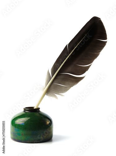 Ancient bottle of ink with feather isolated on a white background