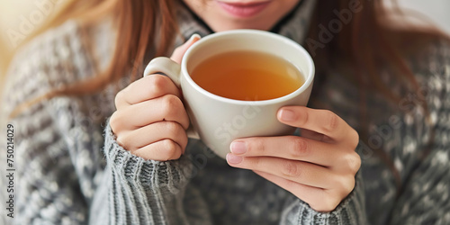 Closeup view of hands holding cup of tea, woman drinking cup of tea