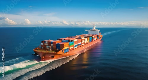 Container Ship Sailing Across Ocean with Stacked Cargo Containers, Global Maritime Trade photo