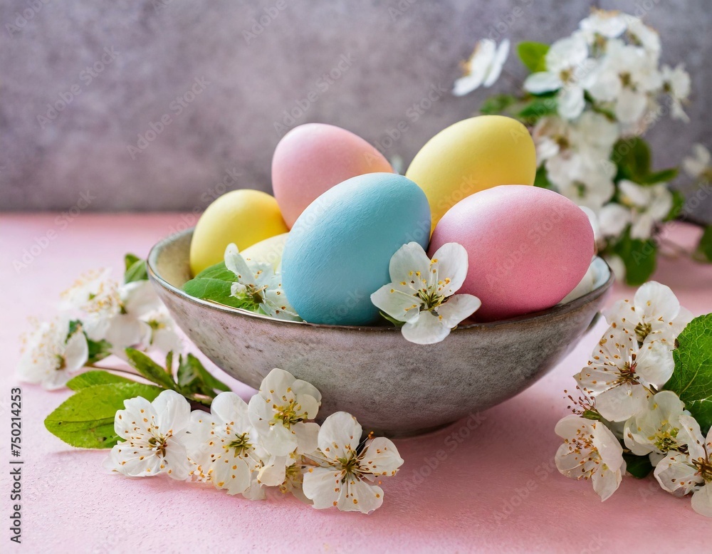 Colorful pastel Easter eggs with spring blossom flowers on soft background with space for banner for happy easter time