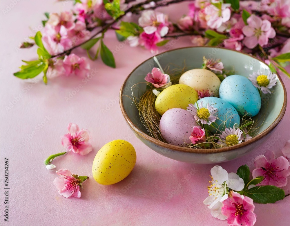 Colorful pastel Easter eggs with spring blossom flowers on soft background with space for banner for happy easter time Colorful pastel Easter eggs with spring blossom flowers on soft background with space for banner for happy easter time