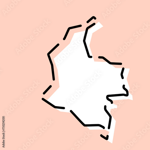 Colombia country simplified map. White silhouette with black broken contour on pink background. Simple vector icon