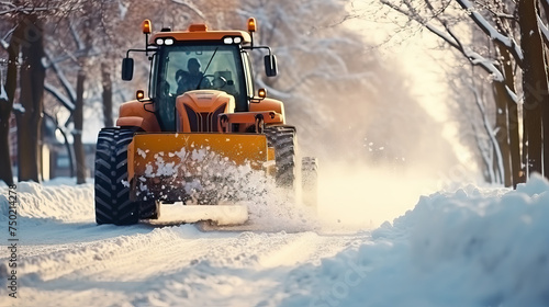 yellow snowplow, tractor, bulldozer, winter, road, snow, work transport, cleaning, city, snowdrifts, blizzard, cold, bucket, wheels, sweep, rake, machinery, trees, equipment