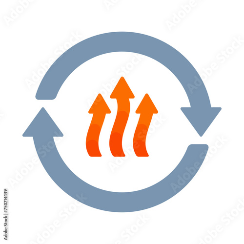 A gray circular arrow with orange geothermal energy symbol in flat vector illustration style, representing the concepts of renewable energy, sustainable heat power, and earth's natural resources