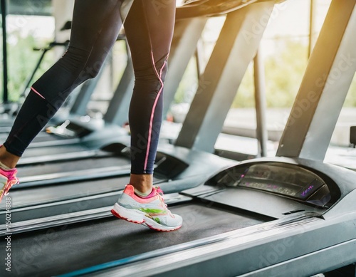 Picture of people legs running on treadmill in gym. Fitness obsession.