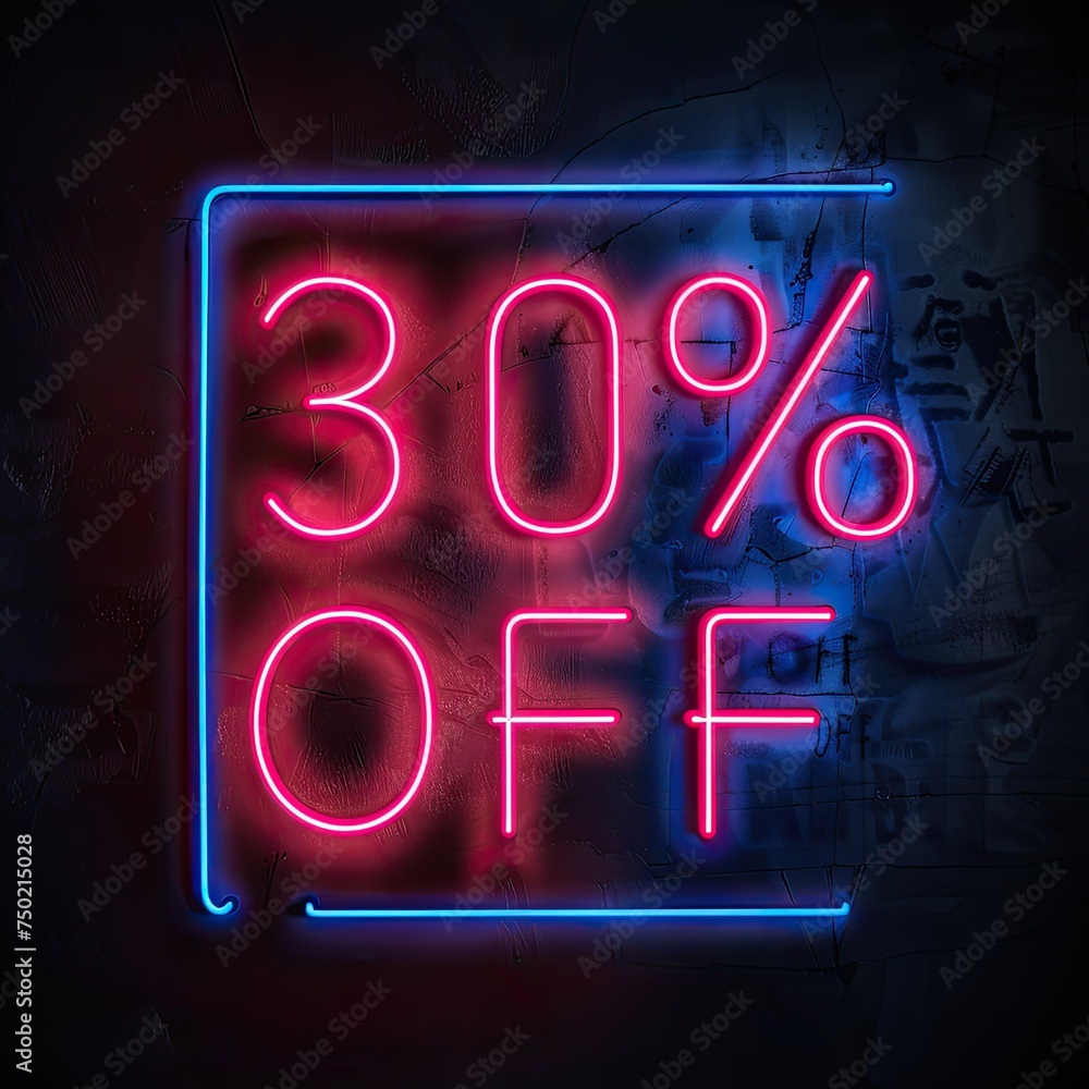 Lively neon light sign with a 30% OFF message on a textured wall, glowing red and blue in a dim ambiance